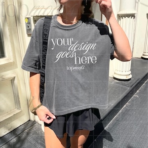This Comfort Colors Boxy Tee Pepper Mockup is perfect for showcasing your designs featuring the 3023CL boxy tee style this Y2K crop top mockup offers a realistic and aesthetic presentation ideal for lifestyle and selfie mockups