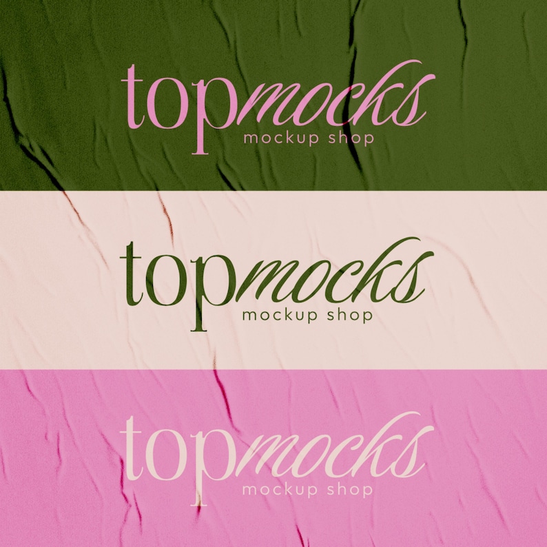May include: Three crumpled paper posters with the text "topmocks mockup shop" in pink and green lettering.
