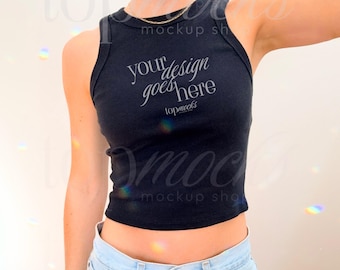 Bella + Canvas 1019 Tank Top Mockup, Womens Racer Tank Mock up, Black Tank Top Mockup, y2k Selfie Mockup, Real Model Mockup, 1019 Mockup