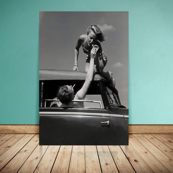 Vintage Photo: Couple Smoking In The Car Poster - Romantic Black and White Wall Art, Feminist Poster, Bedroom Wall Decor