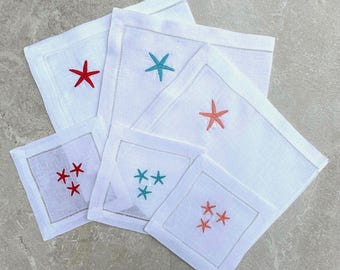 Turquoise Blue Ocean Nautical Starfish Linen Cocktail Napkin Set