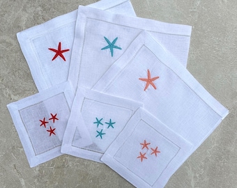 Conjunto de guardanapos de linho com tema náutico e oceano em azul turquesa com estrela do mar