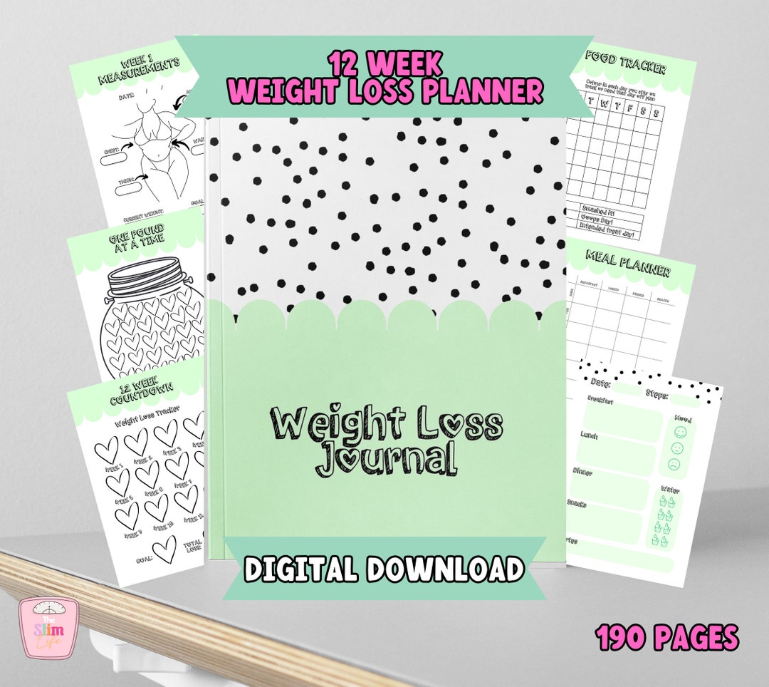 Printable Green Weight Loss Journal, 12 Week Weight Loss Planner, Body
