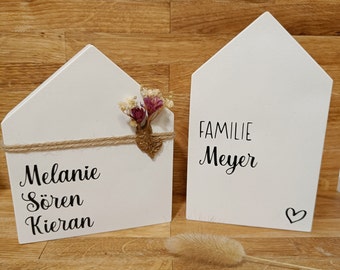 Raysin Deko Häuser / Häuschen personalisiert m. Wachsstempel und Trockenblume / Haus mit Familienname und Vorname / Geschenk Einzug Geburt