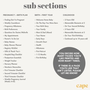 May include: A light beige graphic with the text "sub sections" at the top. The text is divided into three columns: Pregnancy + Birth Plan, Birth + First Year, and Childhood. A circular graphic contains additional text.