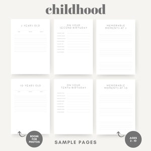 May include: A set of white sample pages for a childhood memory book. The pages include prompts for recording memories at ages 2 and 10, with space for photos. The text "childhood" is at the top, and "Sample Pages" is at the bottom. Ages 2-10.