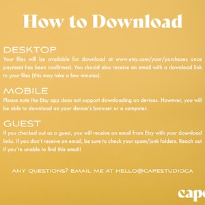 May include: A digital download guide on a yellow background with white text. The text reads "How to Download" and provides instructions for desktop, mobile, and guest downloads. The bottom right corner features the word "cape" in a stylized font.