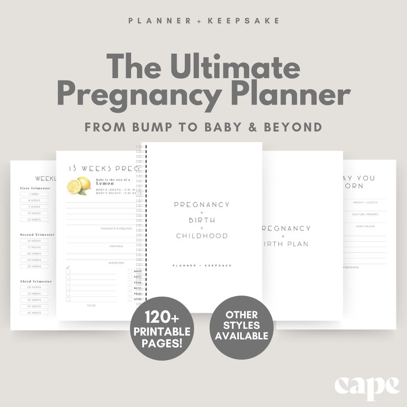 May include: A white pregnancy planner with the text "The Ultimate Pregnancy Planner" and "From Bump to Baby & Beyond." The planner includes sections for each trimester, a pregnancy and birth plan, and a childhood section. It has over 120 printable pages.
