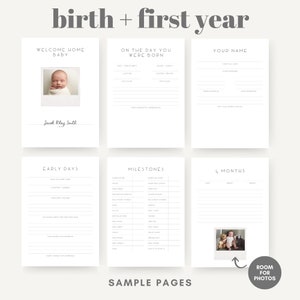 May include: A set of white baby milestone pages with the text "birth + first year." The pages include spaces for photos, dates, and memories. The text "WELCOME HOME DADDY" is visible, along with "SAMPLE PAGES."