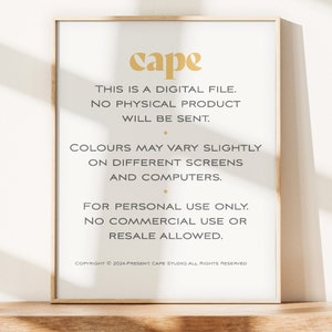 May include: A framed print with the word "cape" in gold lettering. The text below states it is a digital file, no physical product will be sent, and colors may vary. It is for personal use only, with no commercial use or resale allowed.