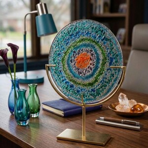 Blue chakra glass decor, meditation decor, spiritual home decor, energy art glass, healing decor, zen decor object, Glass mandala cosmos