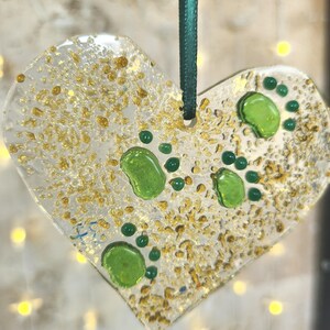 Fused Glass Puppy Paw Heart Ornament: Handmade Dog Memorial Suncatcher, Pet stocking stuffer, Christmas stocking filler