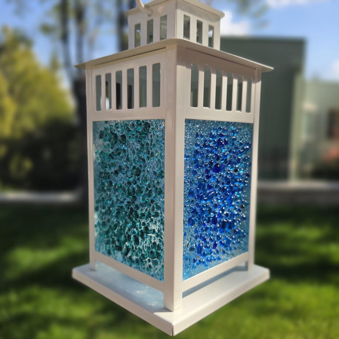 Coastal Glass Lantern, Ocean Inspired Decor, Handmade Sea Blue Fused ...