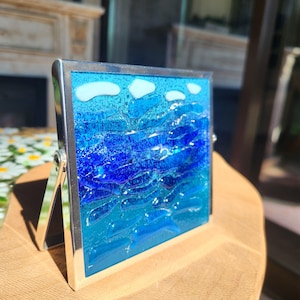 Fused Glass Ocean Wave Art: Coastal Home Decor, Sea-Inspired Desk Panel