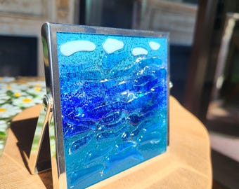 Fused Glass Ocean Wave Art: Coastal Home Decor, Sea-Inspired Desk Panel