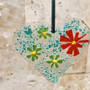 Fused Glass Heart Suncatcher: Handmade Wildflower Wall Hanging