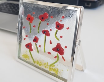 Red Poppy Fused Glass Art: Handmade Wildflower Desk Decor