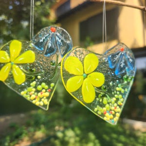Fused Glass Suncatcher Set: Handmade Heart & Flower Window Art