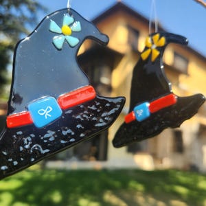 Set of 2 Handmade Glass Halloween Witch Hat, Black Witch Hat, Halloween Fused Glass Ornament, Halloween gift, Horror Ornament