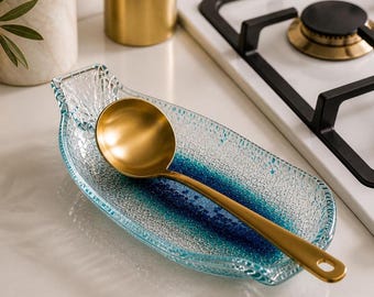 Glas Löffel Ablage Handgemacht, Blau Geschmolzenes Glas Küchen Löffel Halter, Küsten Küchen Dekor, Moderne Utensilien Ablage, Einzigartiges Koch Geschenk