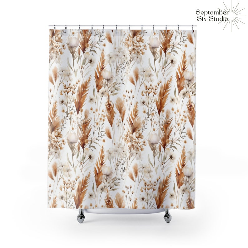 Botanical Cute Shower Curtain, Aesthetic Floral Shower Drape, Boho Shower Stall Curtain for