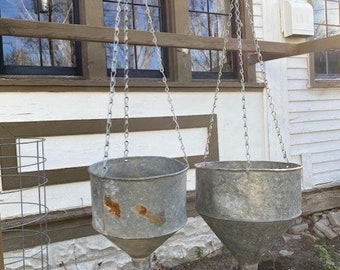 2 Vintage Galvanized Hanging Funnel Planters w/chains