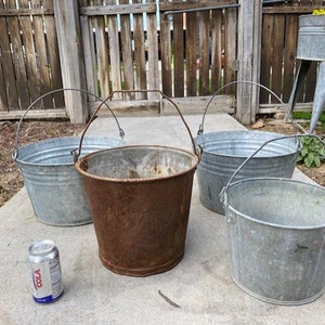 Lot of 4 vintage Farm Buckets, Tubs, Pails, Planters