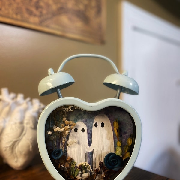 Hand Painted Ghost Couple + Real Dried Plants in Heart Shaped Vintage Style Clock Frame