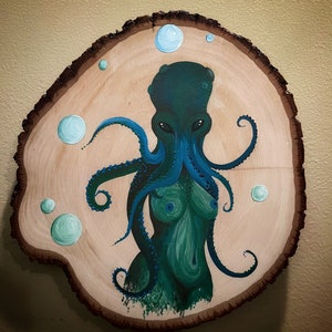 Original Madame Octopus Acrylic Painting on Real Wood Slice 9.5x10” ~ Wall Decor