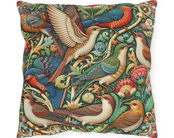 William Morris Art Style Colorful BirdsCojines para exteriores