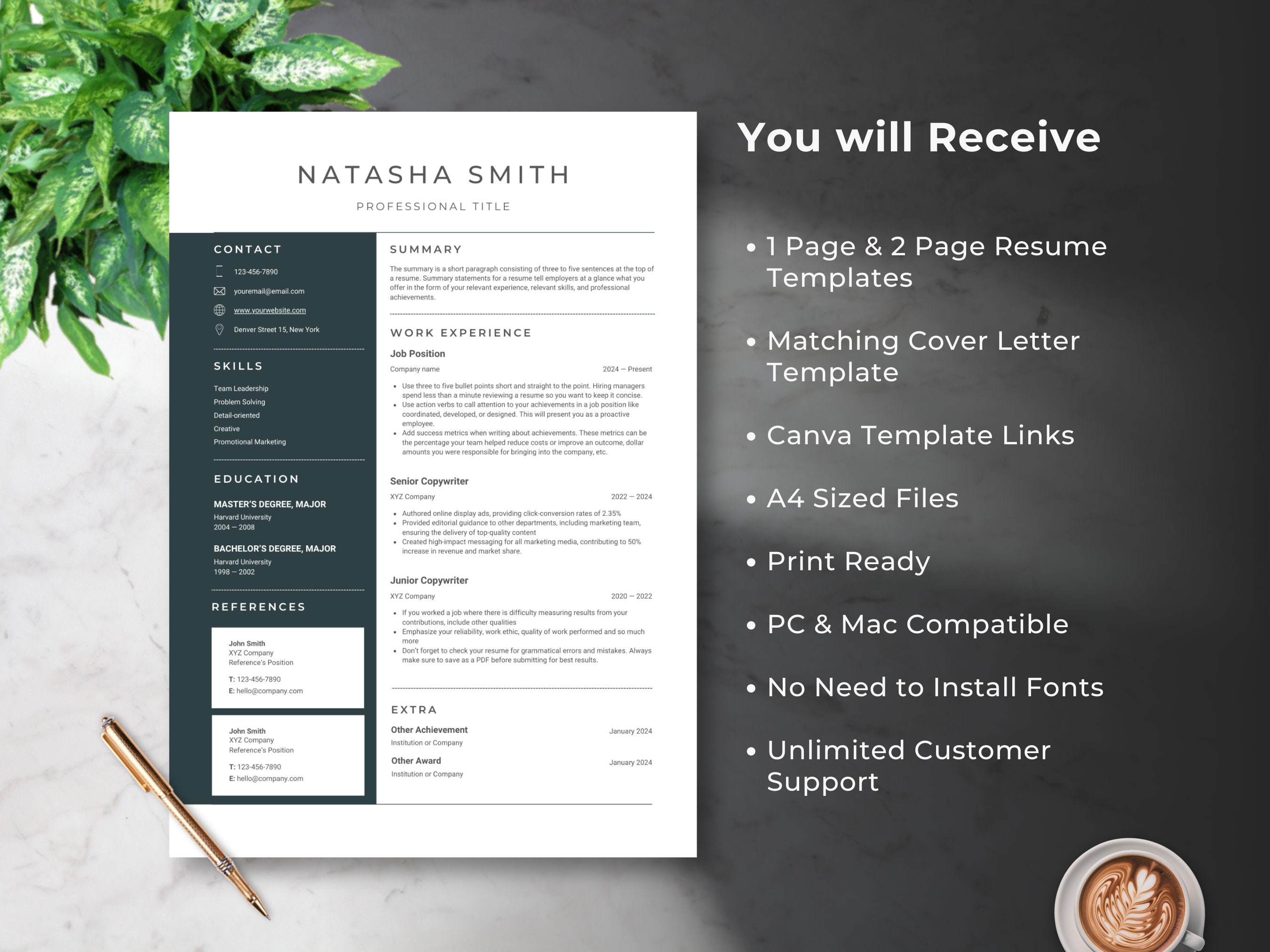 Professional Resume Template Cover Letter Resume Professional CV ATS ...