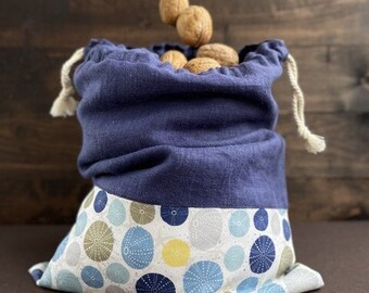 Blue reusable drawstring linen lined storage bread bag