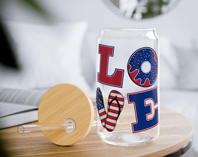 Sipper Glass - Patriotic 16oz Cup with LOVE and American Flag Colors, Tumbler, Glassware, Drinkware, Gift for Him, Gift for Her,