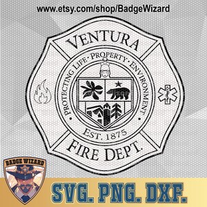 Op de afbeelding: Zwart-wit grafisch ontwerp van een brandweerbadge met de tekst "VENTURA FIRE DEPT. EST. 1875" en de woorden "PROTECTING LIFE PROPERTY ENVIRONMENT" rond een schild met een beer, een ster, een boom en een huis.