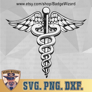 May include: A black and white vector graphic of the caduceus, a symbol associated with medicine, featuring a snake wrapped around a staff with wings.