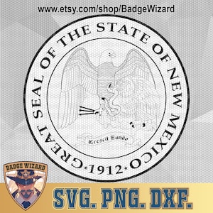 May include: Black and white line art illustration of the Great Seal of the State of New Mexico. The seal features a bald eagle with wings spread, a shield with a sun and a mountain, and a ribbon with the words "Crescit Eundo". The seal is surrounded by a circle with the words "Great Seal of the State of New Mexico" and the year "1912".