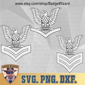May include: A digital download of three black and white SVG files featuring a stylized eagle with a chevron design. The eagle is perched on top of the chevron. The chevron has one, two, and three stripes, respectively. The text "SVG. PNG. DXF." is at the bottom of the image.