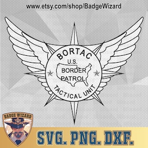 May include: Black and white vector graphic design of a U.S. Border Patrol Tactical Unit (BORTAC) badge. The badge features a compass rose, wings, and the text "U.S. BORDER PATROL TACTICAL UNIT".