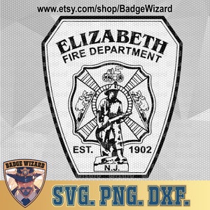 May include: Black and white illustration of a fire department badge with the text "Elizabeth Fire Department" and "Est. 1902" and "N.J.".