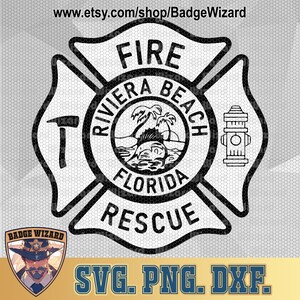 Pode incluir: Emblema preto e branco de Riviera Beach Florida Fire Rescue com um martelo e um hidrante. O emblema inclui o texto "FIRE", "RIVIERA BEACH", "FLORIDA" e "RESCUE". A imagem também inclui o texto "SVG. PNG. DXF."