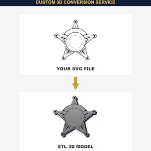 May include: A digital graphic showing a custom 3D conversion service labeled SVG TO STL. It displays a black and white star-shaped SVG file icon above a gray 3D rendered star-shaped STL model, connected by a yellow arrow, with text labels.