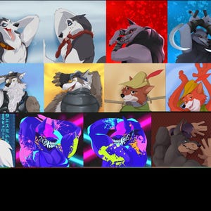 Puede incluir: Un collage digital que presenta veintidós ilustraciones distintas de personajes animales antropomórficos. La cuadrícula muestra varias figuras caninas y similares a zorros en diversas poses, paletas de colores y estilos artísticos, incluyendo algunos con acentos de neón vibrantes.