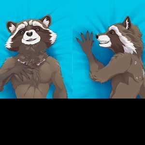 May include: Two-panel image of a raccoon-like character with brown fur, white markings, and a friendly expression. The character is depicted on a blue background, with one panel showing the character's front and the other showing its side profile.