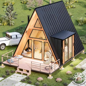 Moderne plattegrond met klein huis met a-frame en vide, plattegronden voor kleine woningen, moderne huisjes, doe-het-zelfbouwplannen met natuurlijk licht en uitnodigend ontwerp