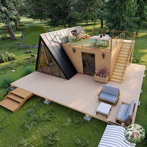 Modern huisje met a-frame, architectonische plannen 18 x 23, plattegrond kleine huisjes, doe-het-zelfblauwdruk, plattegrond kleine huisje met 2 terrassen, plattegrond kleine woning