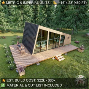 Modern Cabin Plans 16x28 With Terraces | Tiny House Plans | Small House Blueprints | Guest House ADU Plans | Architectural Design Set