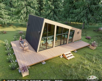 Modern Cabin Plans 16x28 With Terraces | Tiny House Plans | Small House Blueprints | Guest House ADU Plans | Architectural Design Set