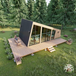 Tiny House-plattegrond 16'x28' moderne kleine hut met terrassen, DIY Tiny Home-blauwdruk pdf, plattegronden compacte moderne hut