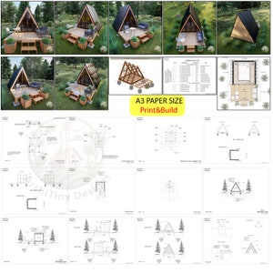 May include: A set of printable A3 paper plans for building a small, triangular cabin. The plans include a materials list, floor plan, and various construction details. The image also shows a 3D rendering of the finished cabin.