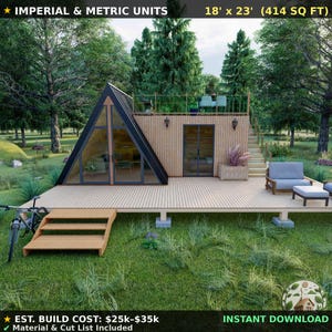 Modern A-Frame Tiny House Plans 18x23 | Small Cabin Blueprints with Rooftop Deck | DIY Guest House ADU Project | Architect-Designed